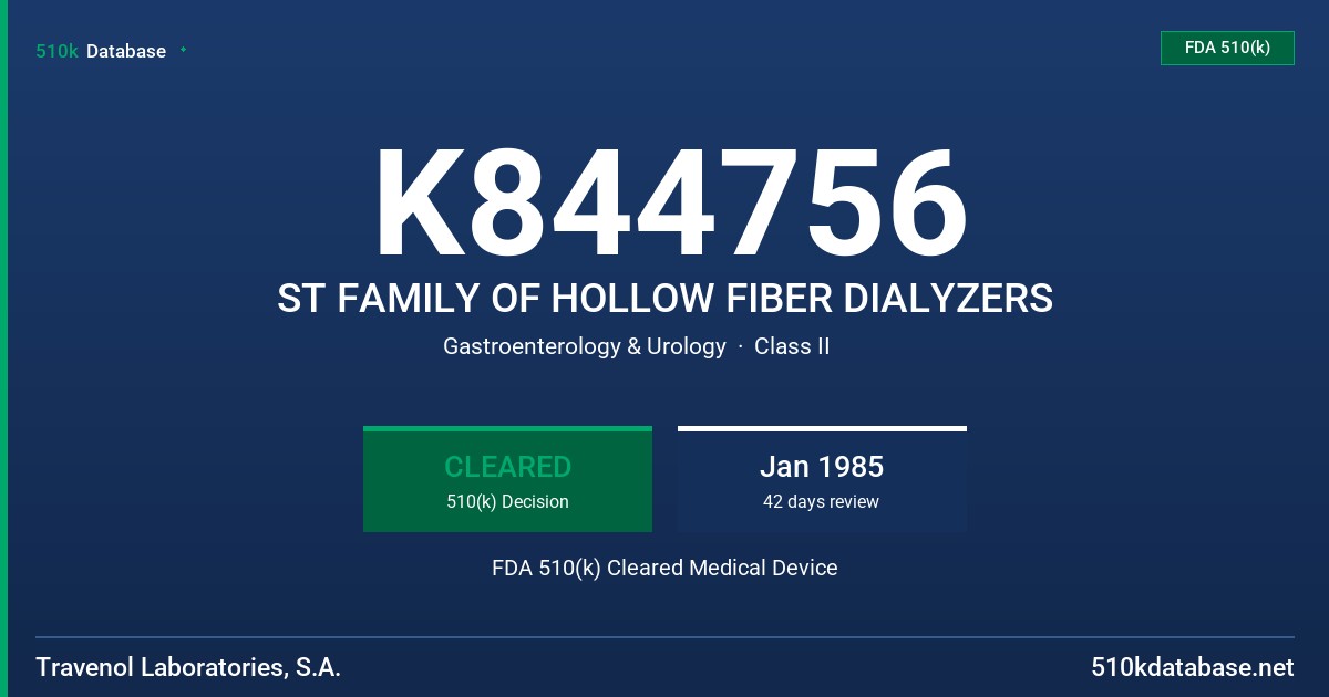 K844756 ST FAMILY OF HOLLOW FIBER DIALYZERS FDA 510(k) Cleared Medical Device