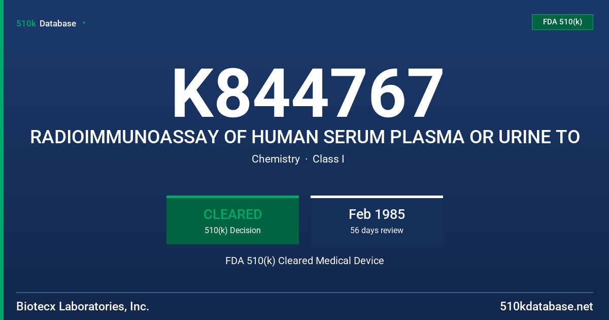 K844767 RADIOIMMUNOASSAY OF HUMAN SERUM PLASMA OR URINE TO FDA 510(k) Cleared Medical Device