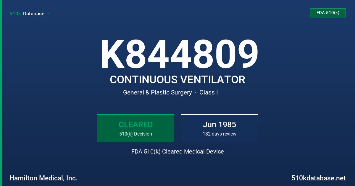 K844809 CONTINUOUS VENTILATOR FDA 510(k) Cleared Medical Device