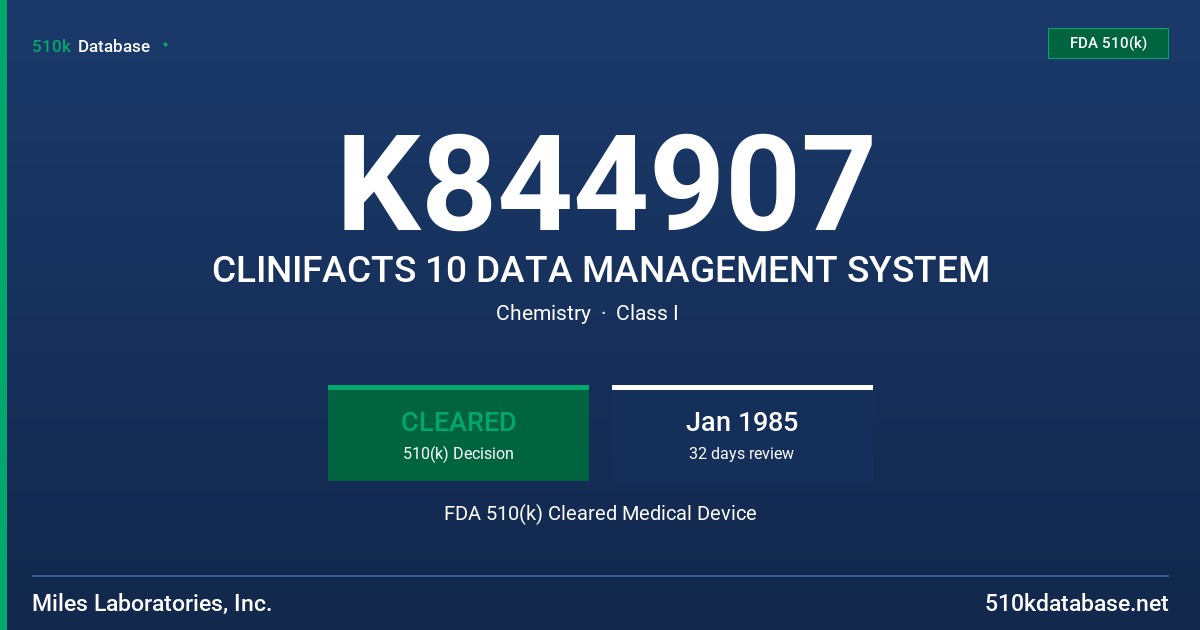 K844907 CLINIFACTS 10 DATA MANAGEMENT SYSTEM FDA 510(k) Cleared Medical Device