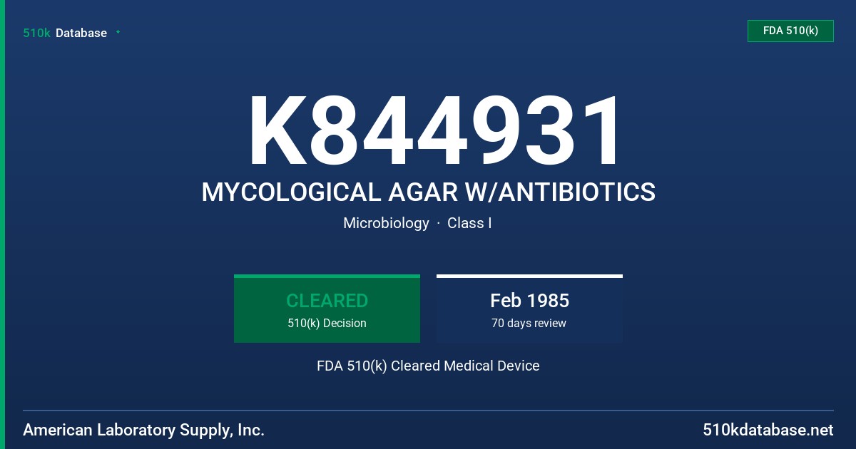 K844931 MYCOLOGICAL AGAR W/ANTIBIOTICS FDA 510(k) Cleared Medical Device
