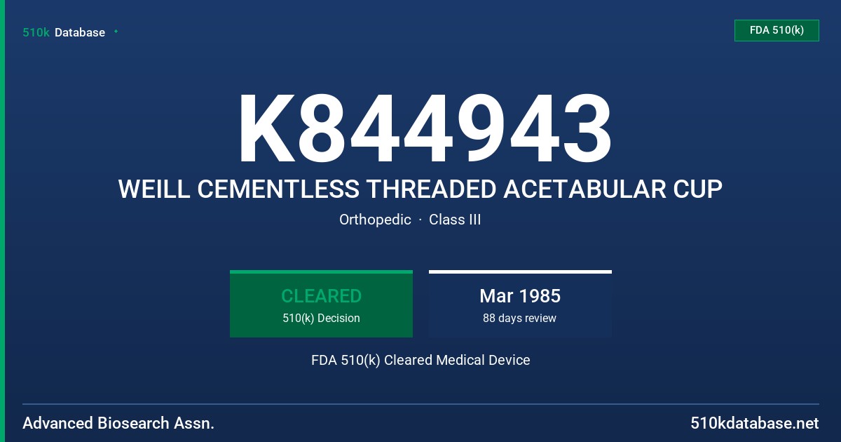 K844943 WEILL CEMENTLESS THREADED ACETABULAR CUP FDA 510(k) Cleared Medical Device