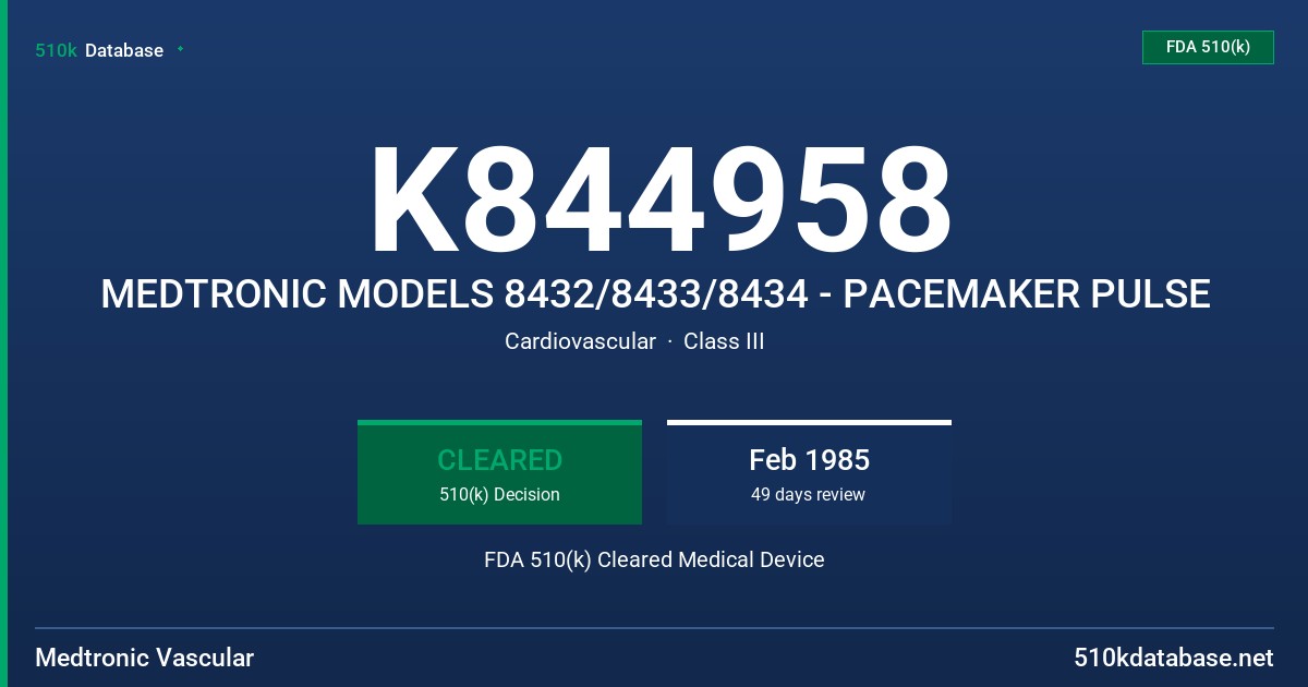 K844958 MEDTRONIC MODELS 8432/8433/8434 - PACEMAKER PULSE FDA 510(k) Cleared Medical Device