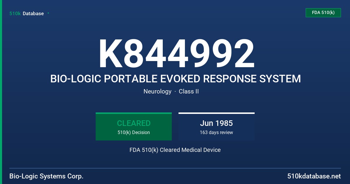 K844992 BIO-LOGIC PORTABLE EVOKED RESPONSE SYSTEM FDA 510(k) Cleared Medical Device