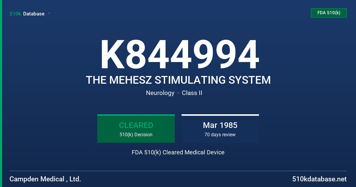 K844994 THE MEHESZ STIMULATING SYSTEM FDA 510(k) Cleared Medical Device