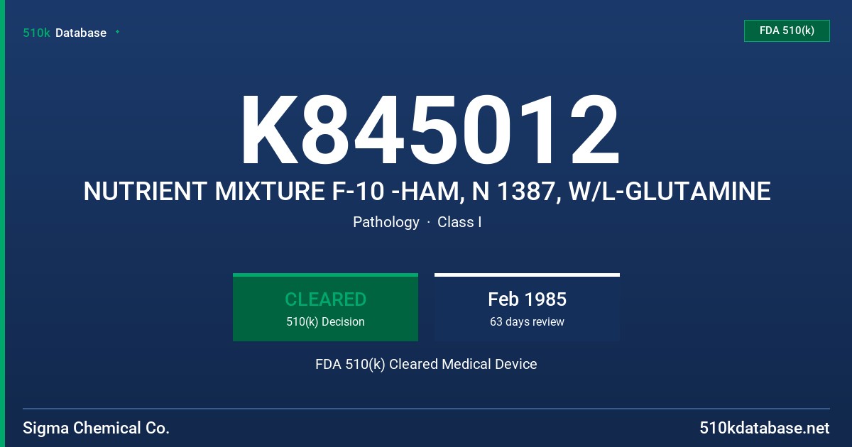 K845012 NUTRIENT MIXTURE F-10 -HAM, N 1387, W/L-GLUTAMINE FDA 510(k) Cleared Medical Device