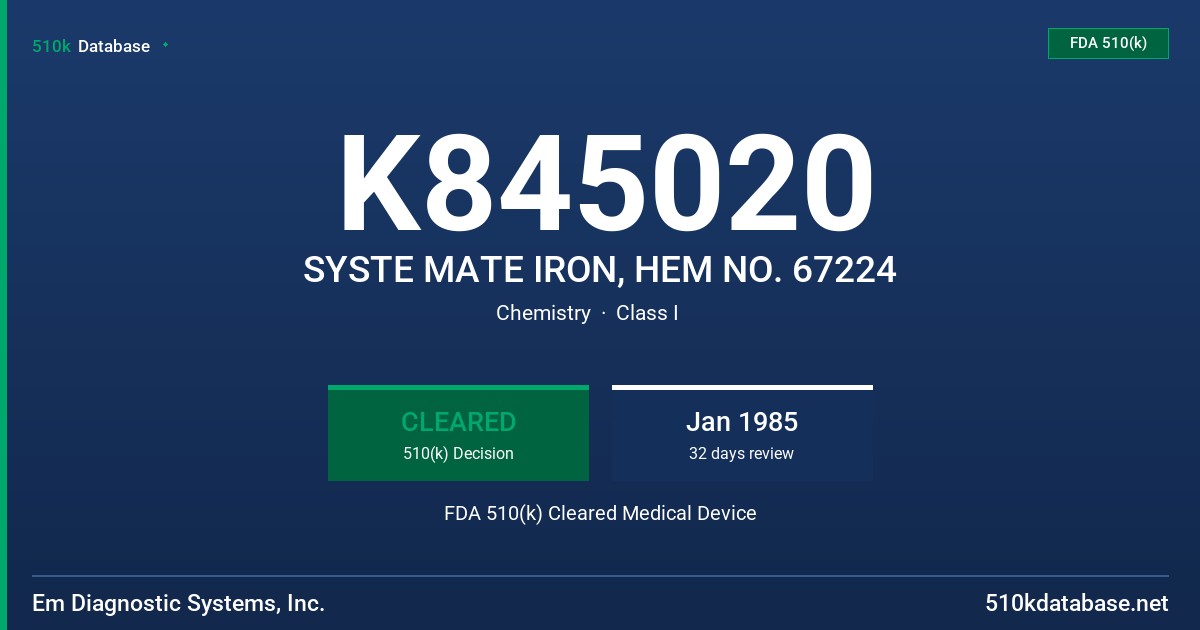 K845020 SYSTE MATE IRON, HEM NO. 67224 FDA 510(k) Cleared Medical Device