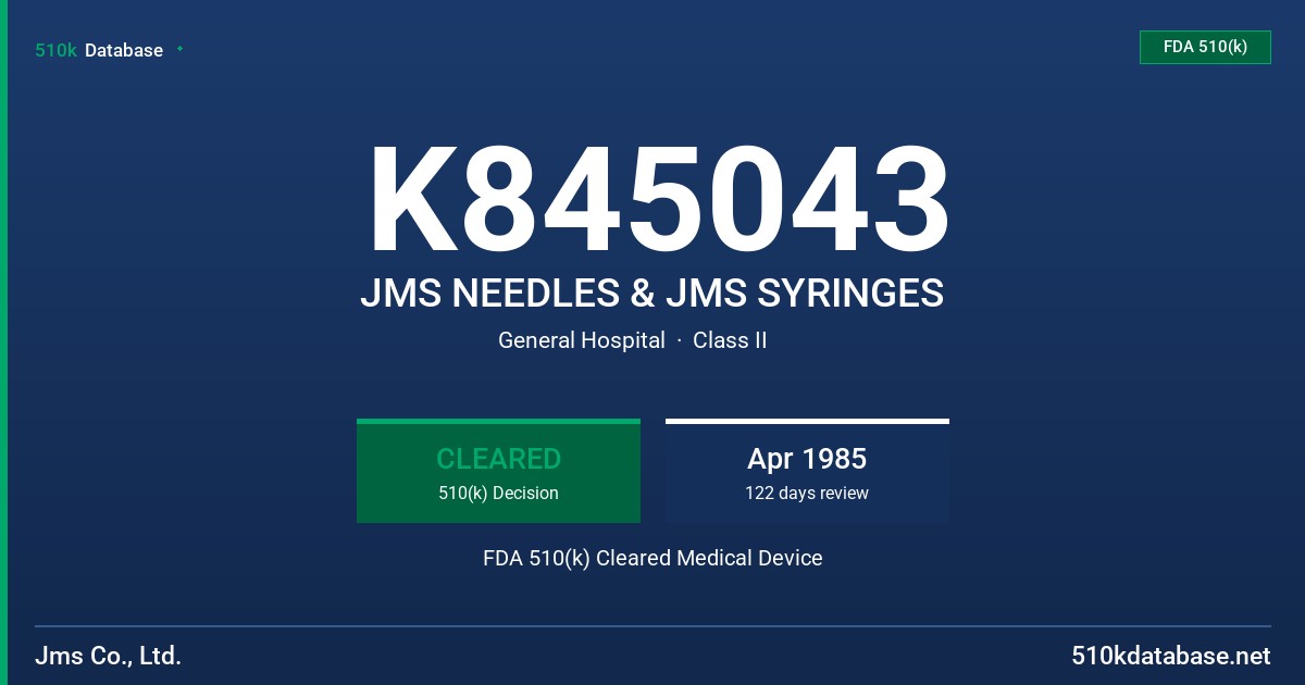 K845043 JMS NEEDLES & JMS SYRINGES FDA 510(k) Cleared Medical Device
