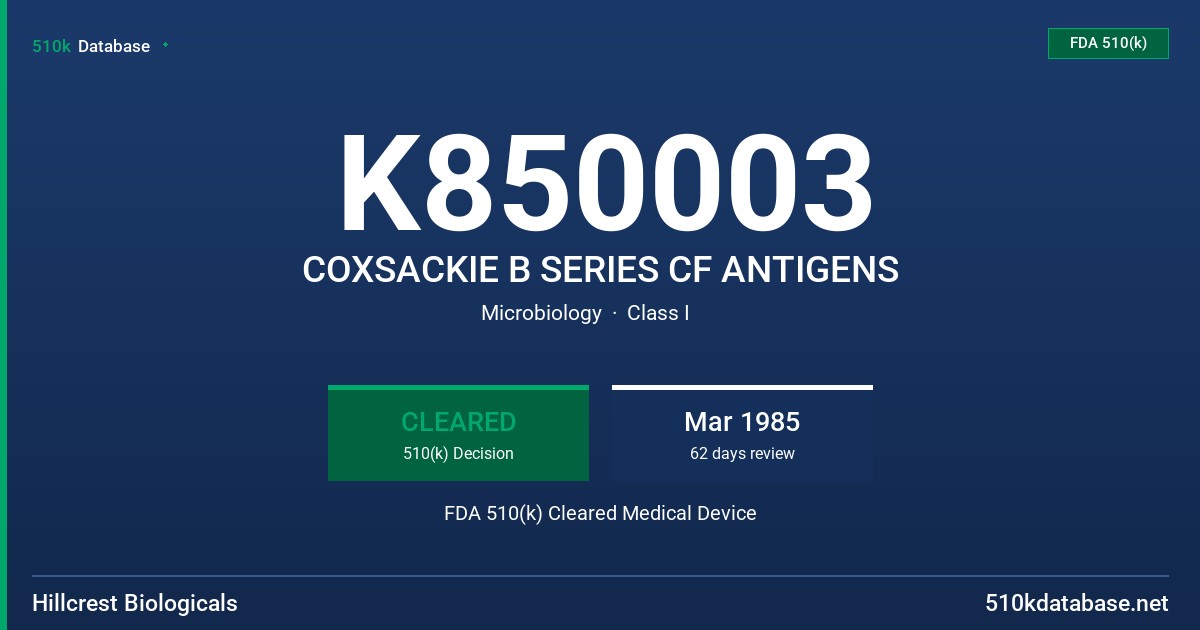 K850003 COXSACKIE B SERIES CF ANTIGENS FDA 510(k) Cleared Medical Device