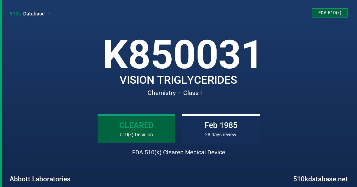 K850031 VISION TRIGLYCERIDES FDA 510(k) Cleared Medical Device