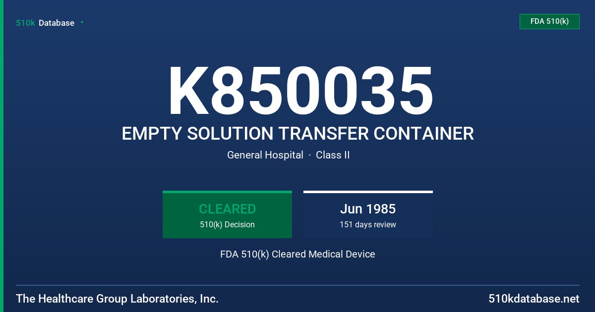 K850035 EMPTY SOLUTION TRANSFER CONTAINER FDA 510(k) Cleared Medical Device