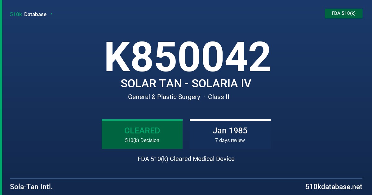 K850042 SOLAR TAN - SOLARIA IV FDA 510(k) Cleared Medical Device