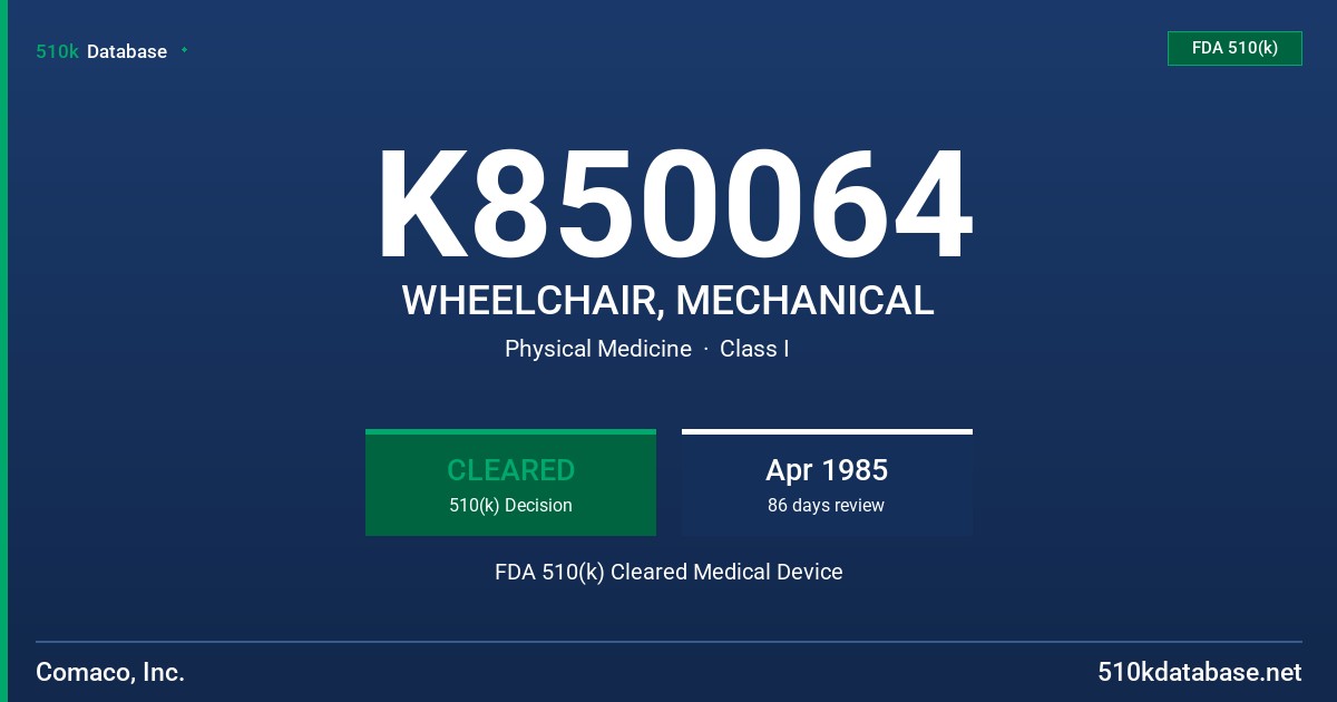 K850064 WHEELCHAIR, MECHANICAL FDA 510(k) Cleared Medical Device