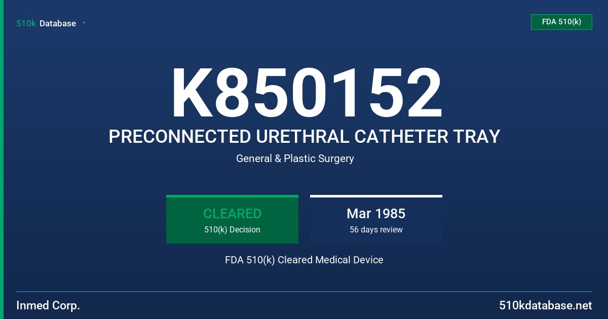K850152 PRECONNECTED URETHRAL CATHETER TRAY FDA 510(k) Cleared Medical Device