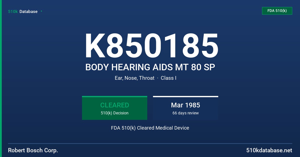 K850185 BODY HEARING AIDS MT 80 SP FDA 510(k) Cleared Medical Device