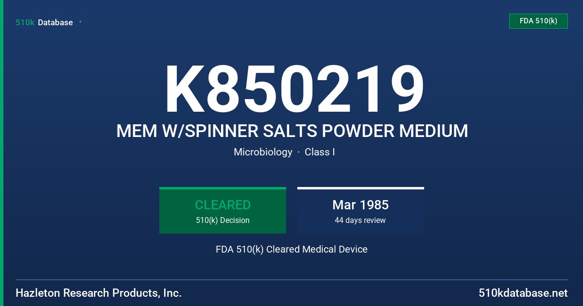 K850219 MEM W/SPINNER SALTS POWDER MEDIUM FDA 510(k) Cleared Medical Device