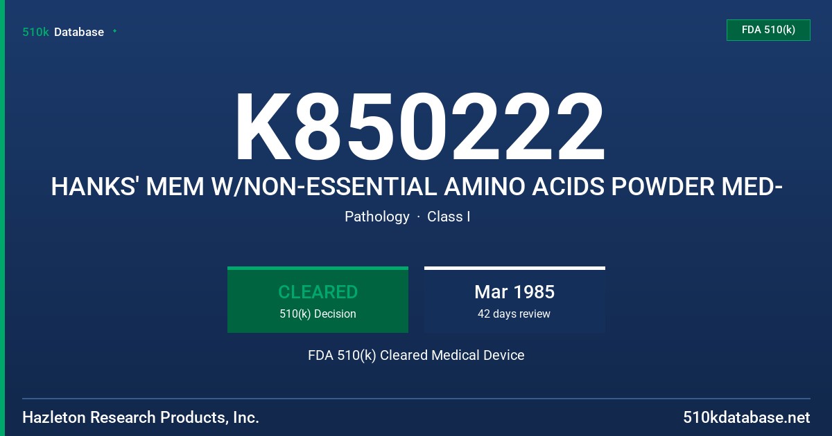 K850222 HANKS' MEM W/NON-ESSENTIAL AMINO ACIDS POWDER MED- FDA 510(k) Cleared Medical Device