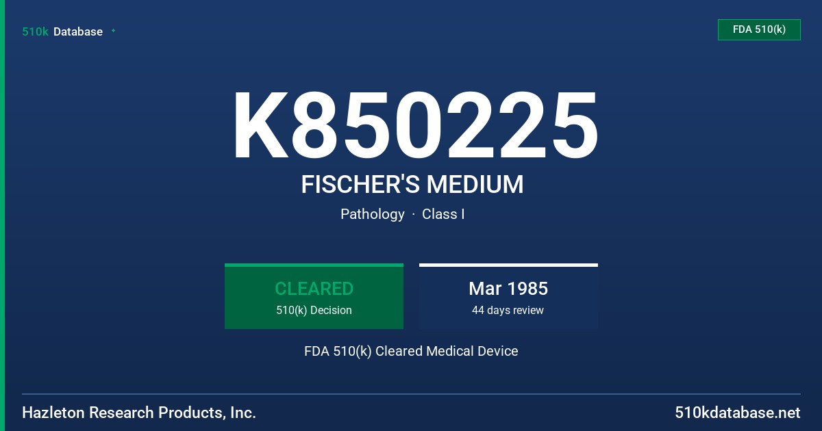 K850225 FISCHER'S MEDIUM FDA 510(k) Cleared Medical Device
