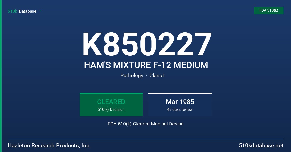 K850227 HAM'S MIXTURE F-12 MEDIUM FDA 510(k) Cleared Medical Device