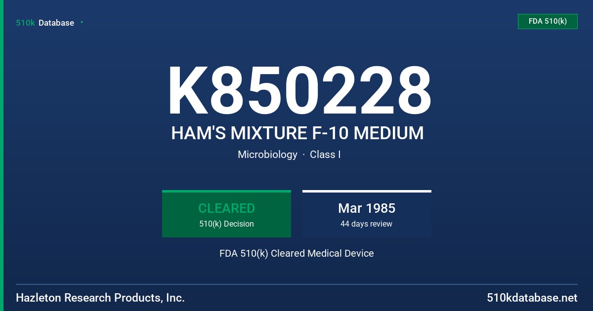 K850228 HAM'S MIXTURE F-10 MEDIUM FDA 510(k) Cleared Medical Device
