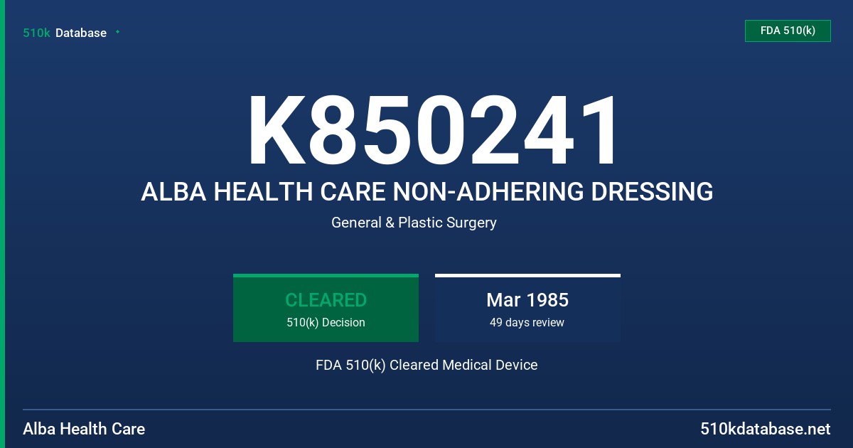 K850241 ALBA HEALTH CARE NON-ADHERING DRESSING FDA 510(k) Cleared Medical Device