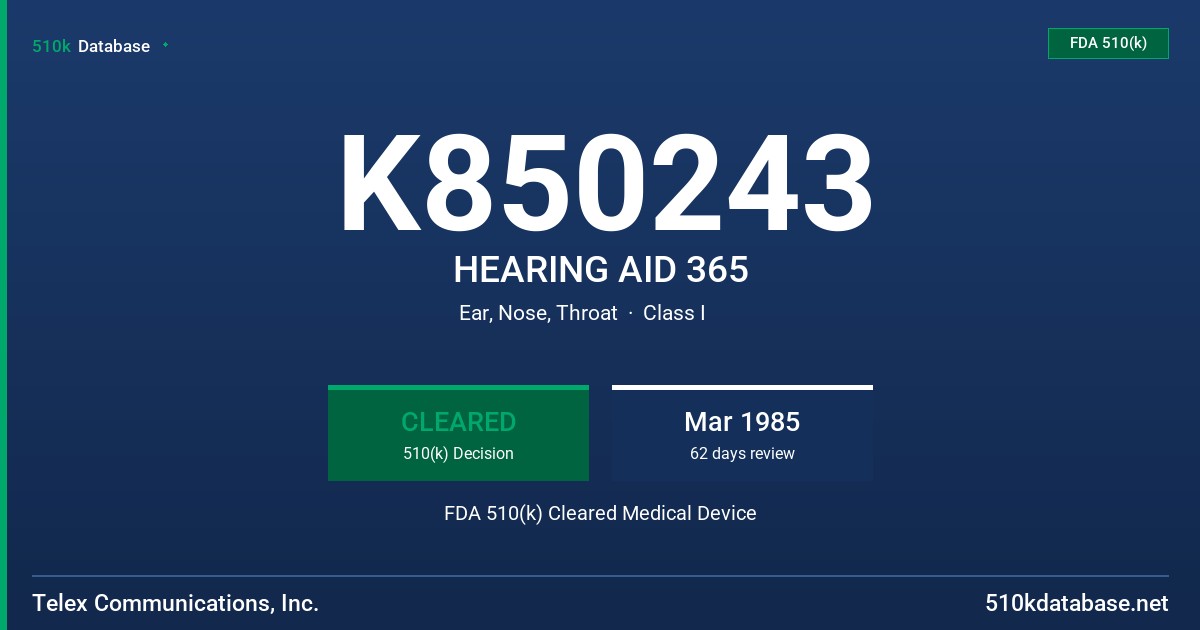 K850243 HEARING AID 365 FDA 510(k) Cleared Medical Device