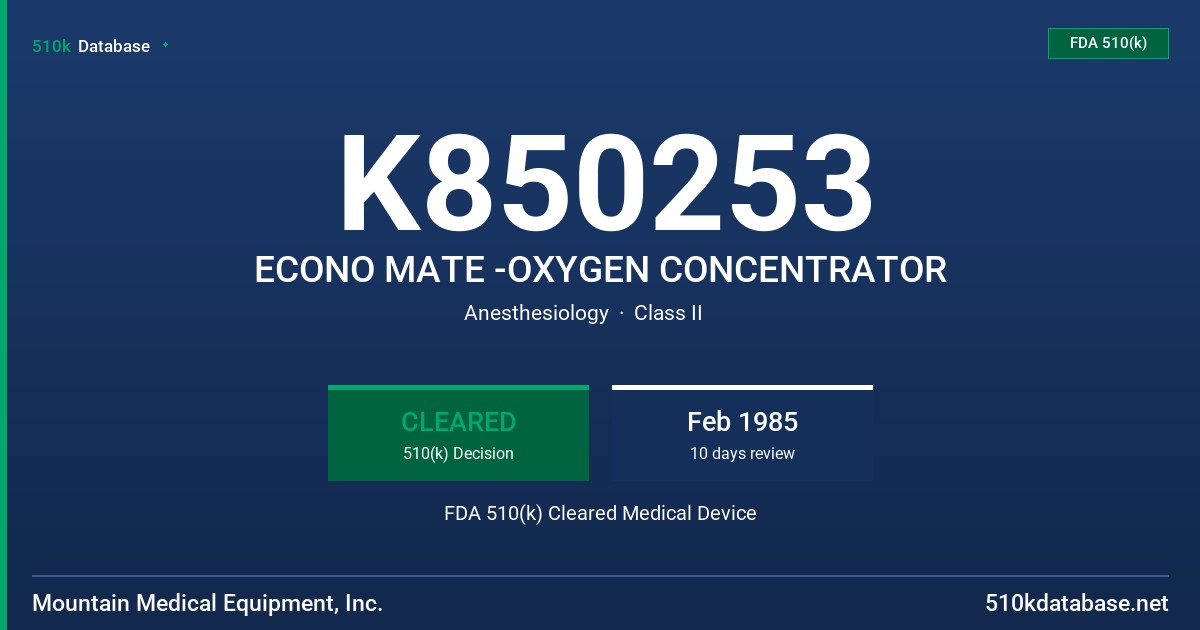 K850253 ECONO MATE -OXYGEN CONCENTRATOR FDA 510(k) Cleared Medical Device