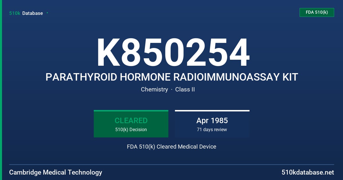 K850254 PARATHYROID HORMONE RADIOIMMUNOASSAY KIT FDA 510(k) Cleared Medical Device