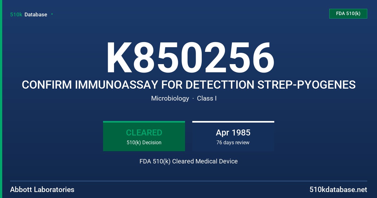 K850256 CONFIRM IMMUNOASSAY FOR DETECTTION STREP-PYOGENES FDA 510(k) Cleared Medical Device
