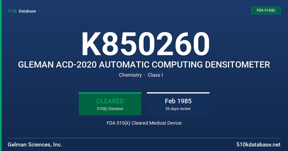 K850260 GLEMAN ACD-2020 AUTOMATIC COMPUTING DENSITOMETER FDA 510(k) Cleared Medical Device
