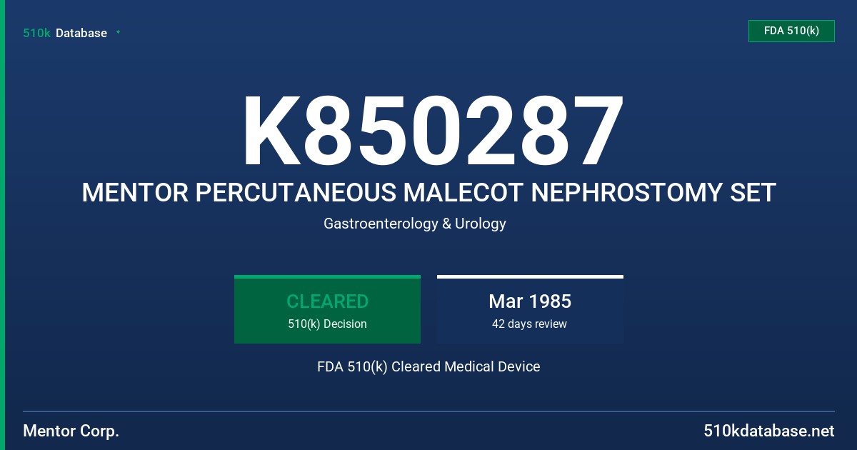 K850287 MENTOR PERCUTANEOUS MALECOT NEPHROSTOMY SET FDA 510(k) Cleared Medical Device