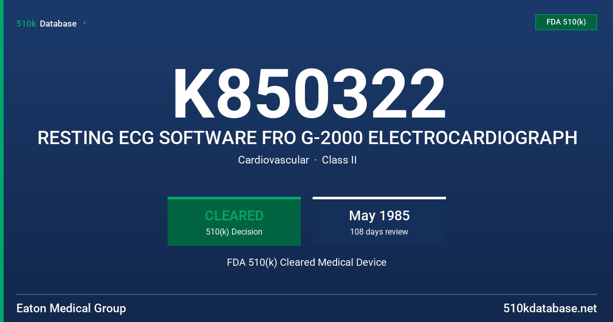 K850322 RESTING ECG SOFTWARE FRO G-2000 ELECTROCARDIOGRAPH FDA 510(k) Cleared Medical Device