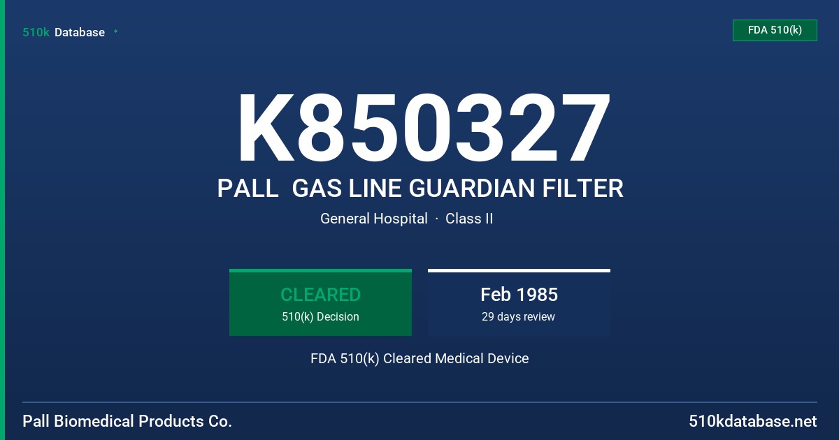 K850327 PALL  GAS LINE GUARDIAN FILTER FDA 510(k) Cleared Medical Device