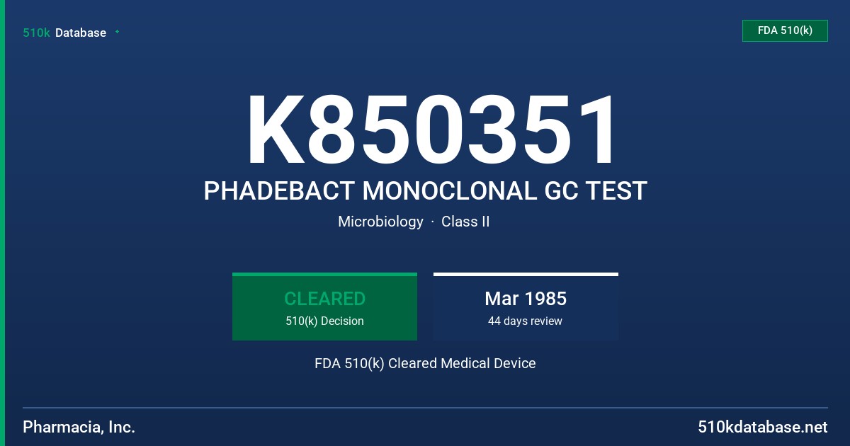 K850351 PHADEBACT MONOCLONAL GC TEST FDA 510(k) Cleared Medical Device