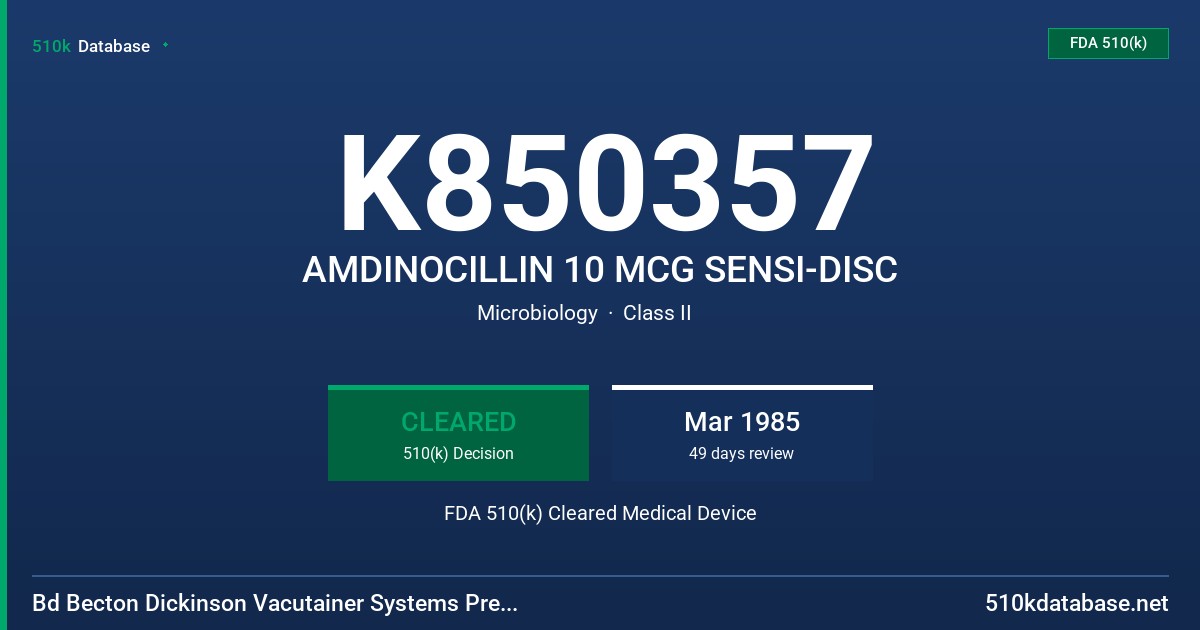 K850357 AMDINOCILLIN 10 MCG SENSI-DISC FDA 510(k) Cleared Medical Device