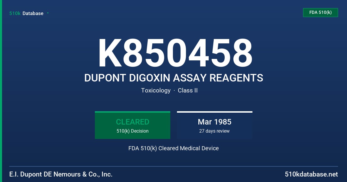 K850458 DUPONT DIGOXIN ASSAY REAGENTS FDA 510(k) Cleared Medical Device