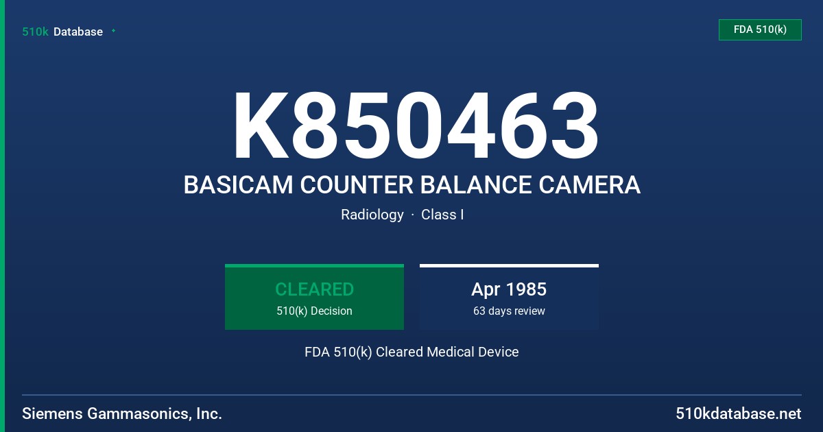 K850463 BASICAM COUNTER BALANCE CAMERA FDA 510(k) Cleared Medical Device