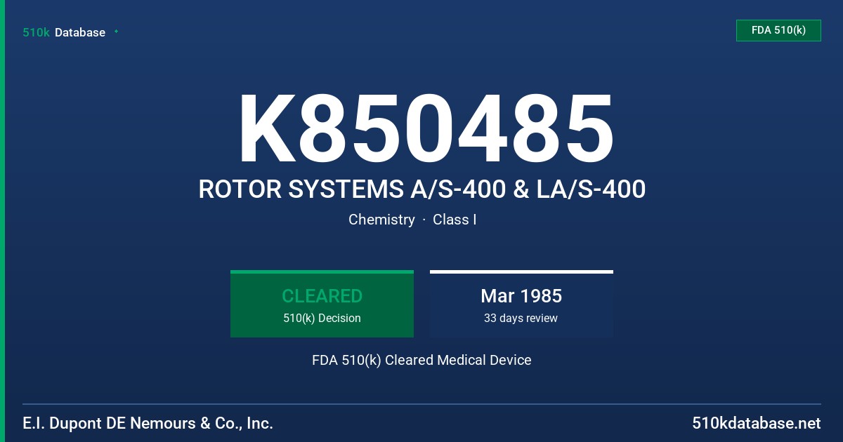 K850485 ROTOR SYSTEMS A/S-400 & LA/S-400 FDA 510(k) Cleared Medical Device