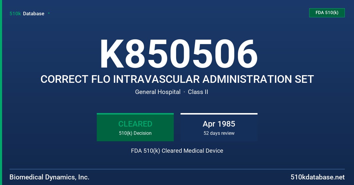 K850506 CORRECT FLO INTRAVASCULAR ADMINISTRATION SET FDA 510(k) Cleared Medical Device