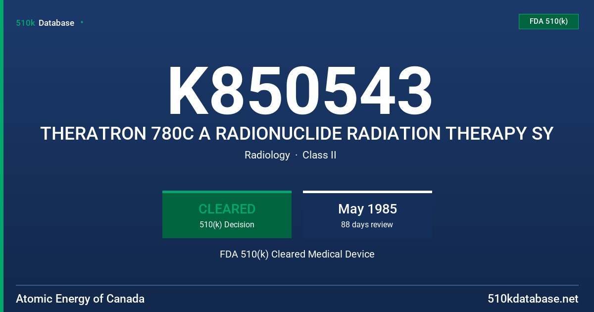 K850543 THERATRON 780C A RADIONUCLIDE RADIATION THERAPY SY FDA 510(k) Cleared Medical Device