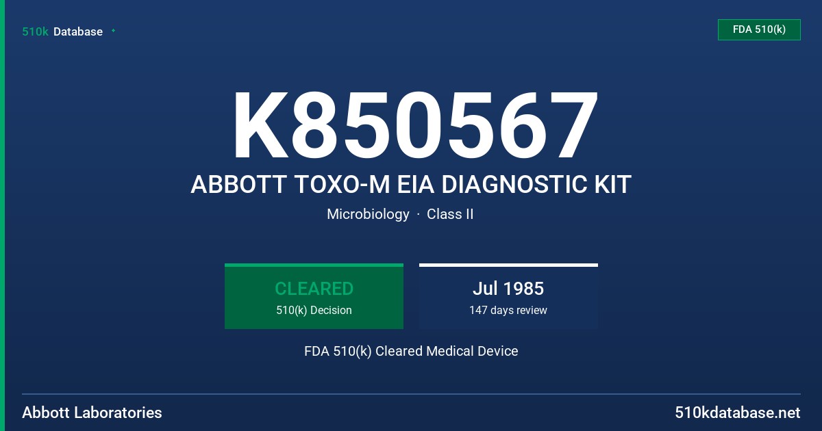 K850567 ABBOTT TOXO-M EIA DIAGNOSTIC KIT FDA 510(k) Cleared Medical Device