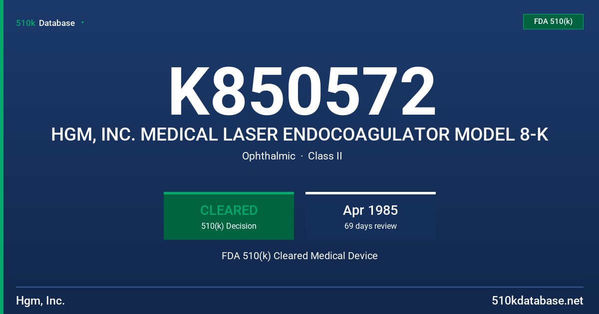 K850572 HGM, INC. MEDICAL LASER ENDOCOAGULATOR MODEL 8-K FDA 510(k) Cleared Medical Device