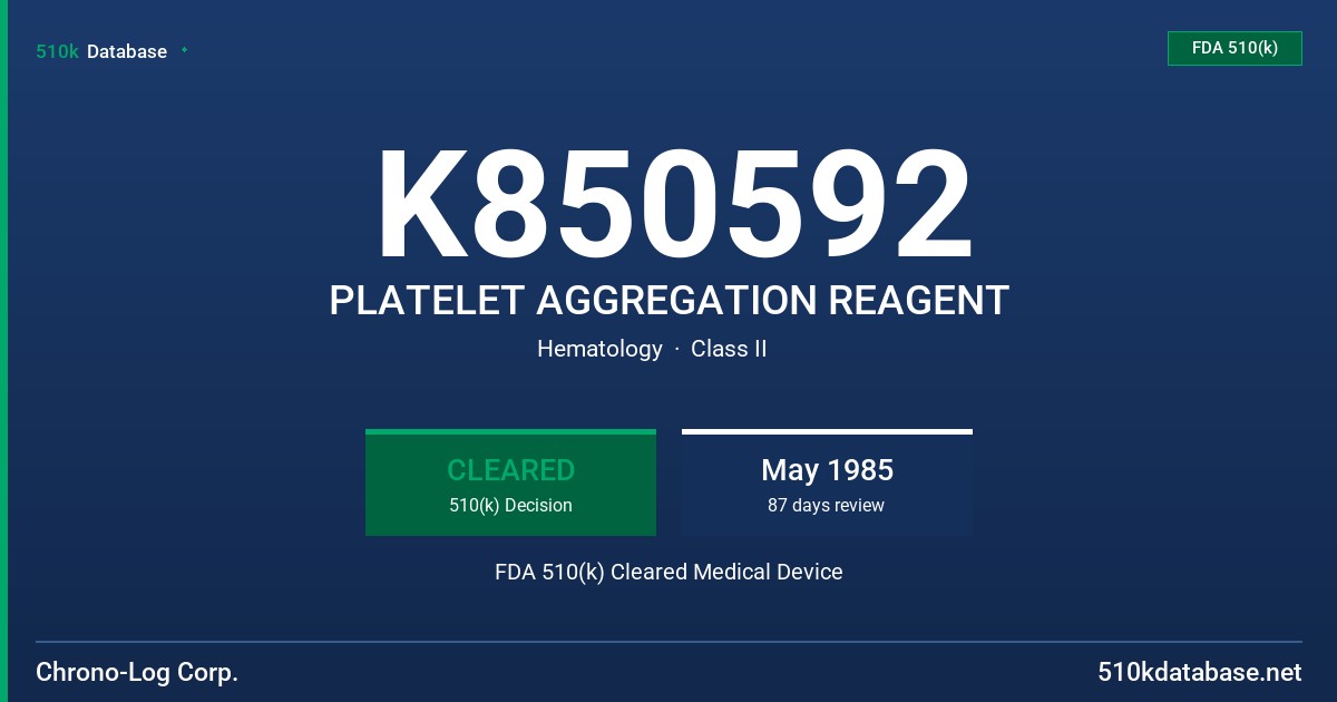 K850592 PLATELET AGGREGATION REAGENT FDA 510(k) Cleared Medical Device