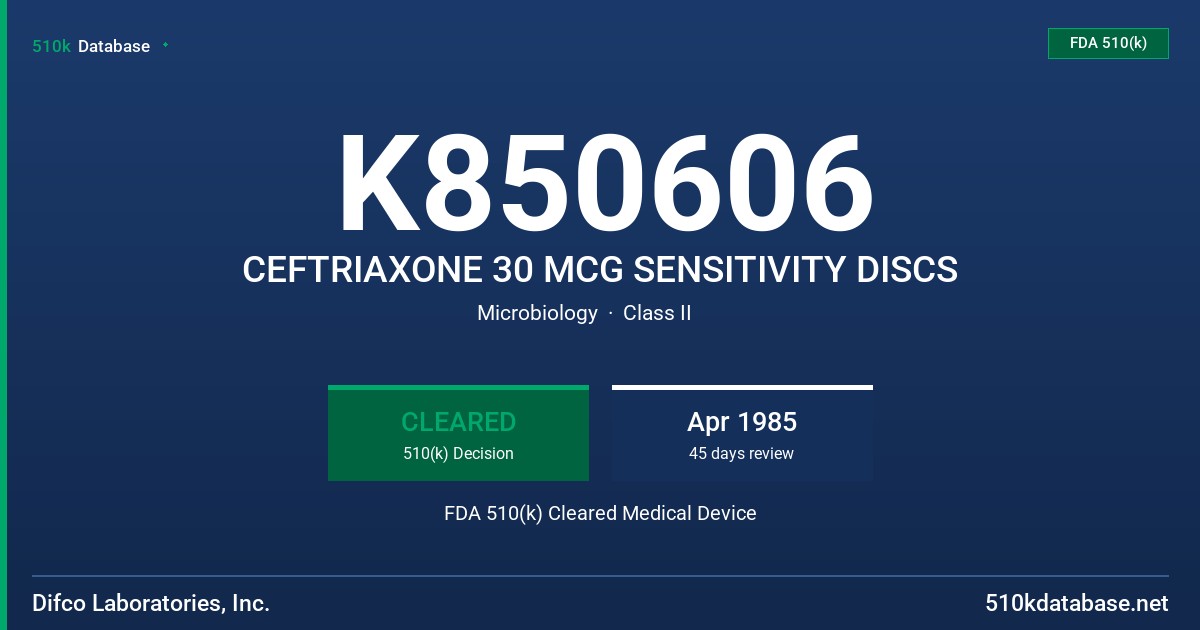K850606 CEFTRIAXONE 30 MCG SENSITIVITY DISCS FDA 510(k) Cleared Medical Device