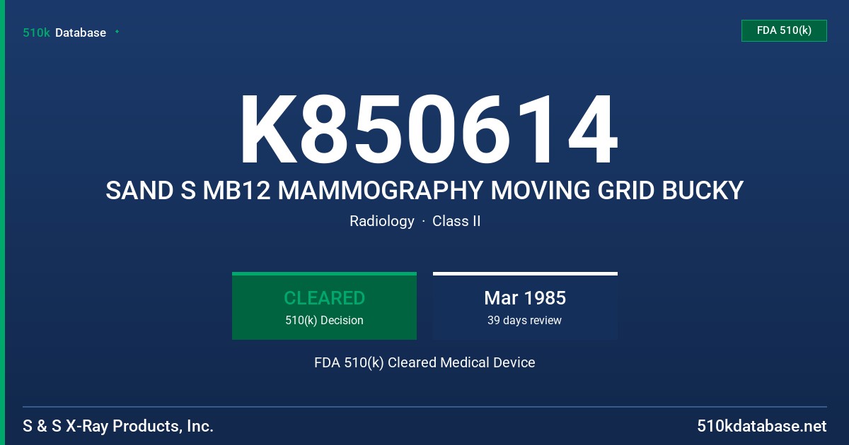 K850614 SAND S MB12 MAMMOGRAPHY MOVING GRID BUCKY FDA 510(k) Cleared Medical Device