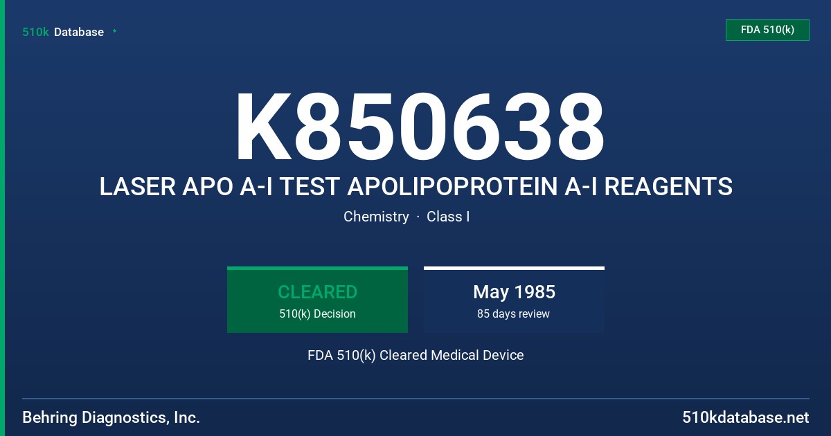 K850638 LASER APO A-I TEST APOLIPOPROTEIN A-I REAGENTS FDA 510(k) Cleared Medical Device