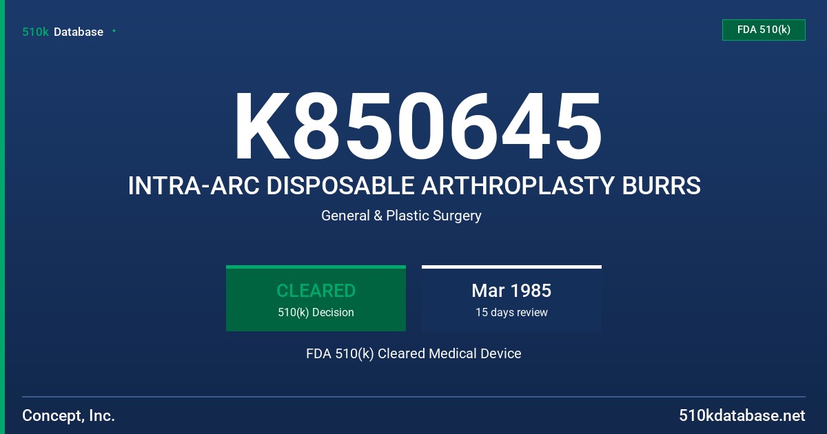K850645 INTRA-ARC DISPOSABLE ARTHROPLASTY BURRS FDA 510(k) Cleared Medical Device