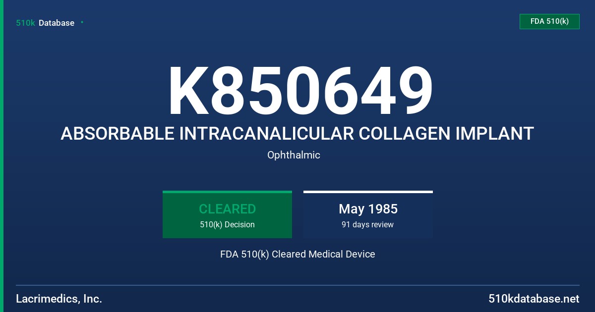 K850649 ABSORBABLE INTRACANALICULAR COLLAGEN IMPLANT FDA 510(k) Cleared Medical Device