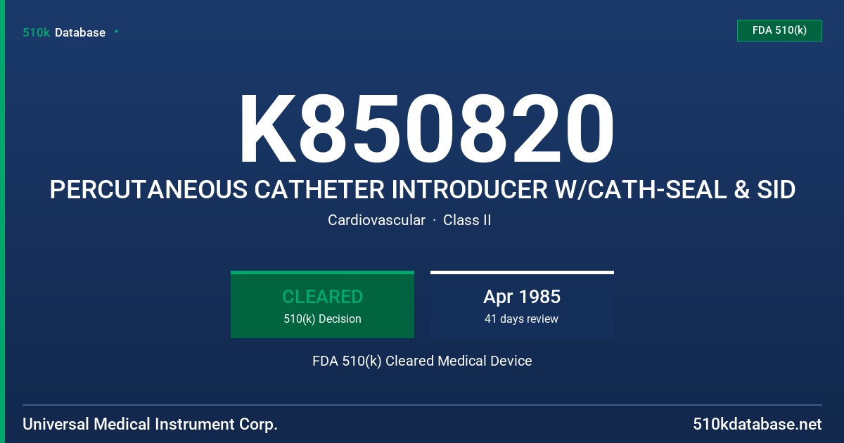 K850820 PERCUTANEOUS CATHETER INTRODUCER W/CATH-SEAL & SID FDA 510(k) Cleared Medical Device