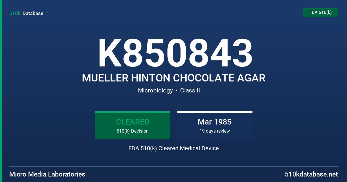 K850843 MUELLER HINTON CHOCOLATE AGAR FDA 510(k) Cleared Medical Device